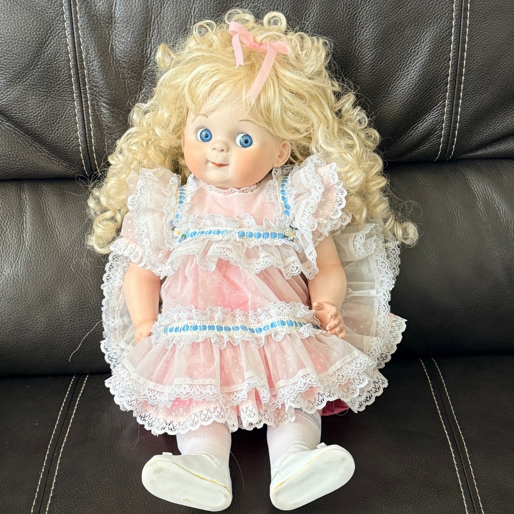 Vintage Porcelain Collector Doll Blonde Curls Lace Pink Dress Blue Eyes 18 inch